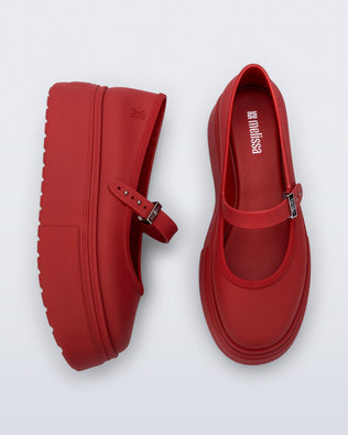 top and side view of a pair of red Soft Ballerina Platform flats