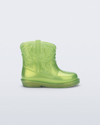 Side view of a pearly green Texas baby boot
