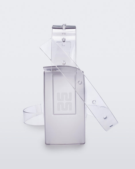 Side view of a clear Clear Bag with strap