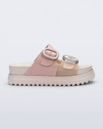 Side view of a beige/pink Cozy Platform slide sandal with two buckle straps.