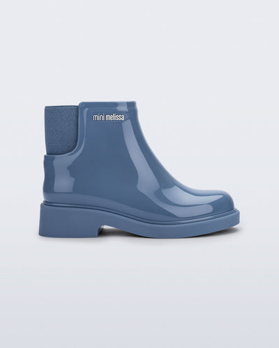 Side view of a blue Chelsea II kids boot
