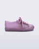 Side view of a glitter lilac kids Hip Sneaker with lilac laces