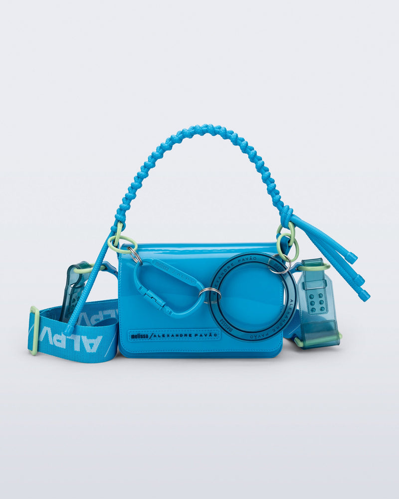 Front view of an blue Olga Bag + Alexandre Pavao with short strap fabric long  strap