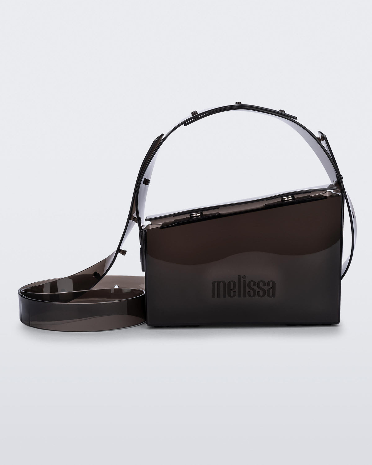 Back view of a black Clear Bag with strap