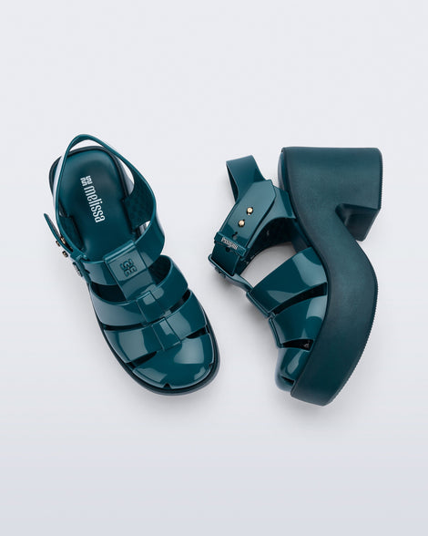 Top and side view of a pair of blue Lulu platform heel fisherman sandals