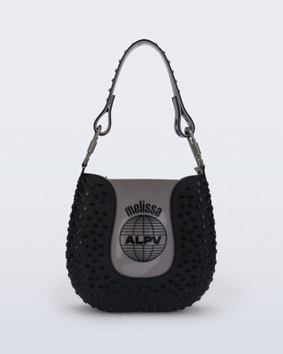 Back view of a black Nina Bag + Alexandre Pavao shoulder bag with grey accents