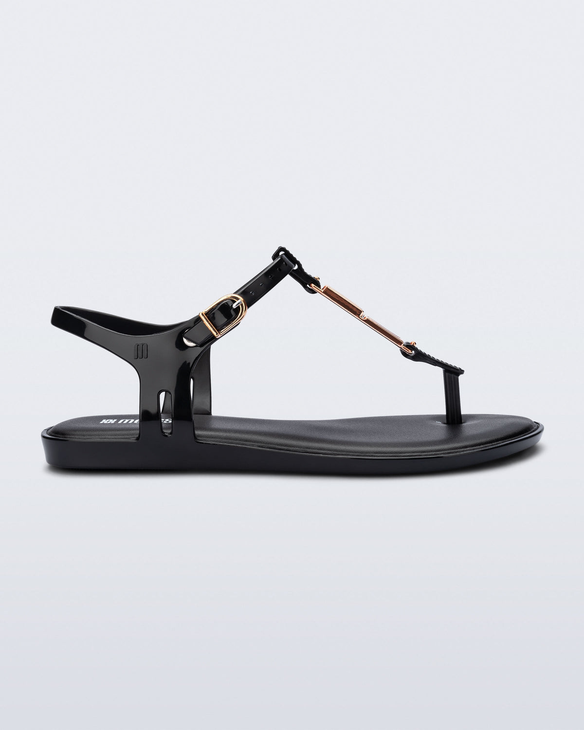 Side view of a black Solar M Chic sandal
