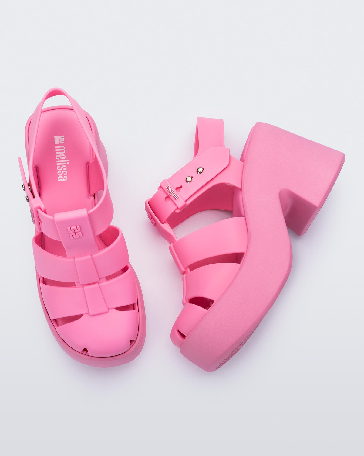 Top and side view of a matte pink Lulu platform heel sandals