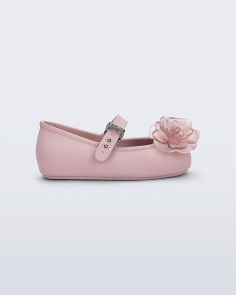 Side view of a pink Soft Ballerina baby flat with pink flowers