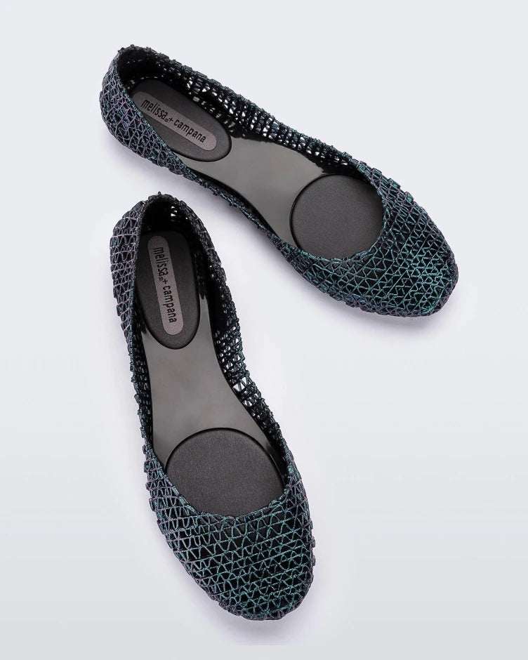 Top view of a pair of black multicolor Melissa Campana ballet flats