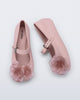Side and top view of a pair of beige Soft Ballerina Petals kids flats with clear pink flowers
