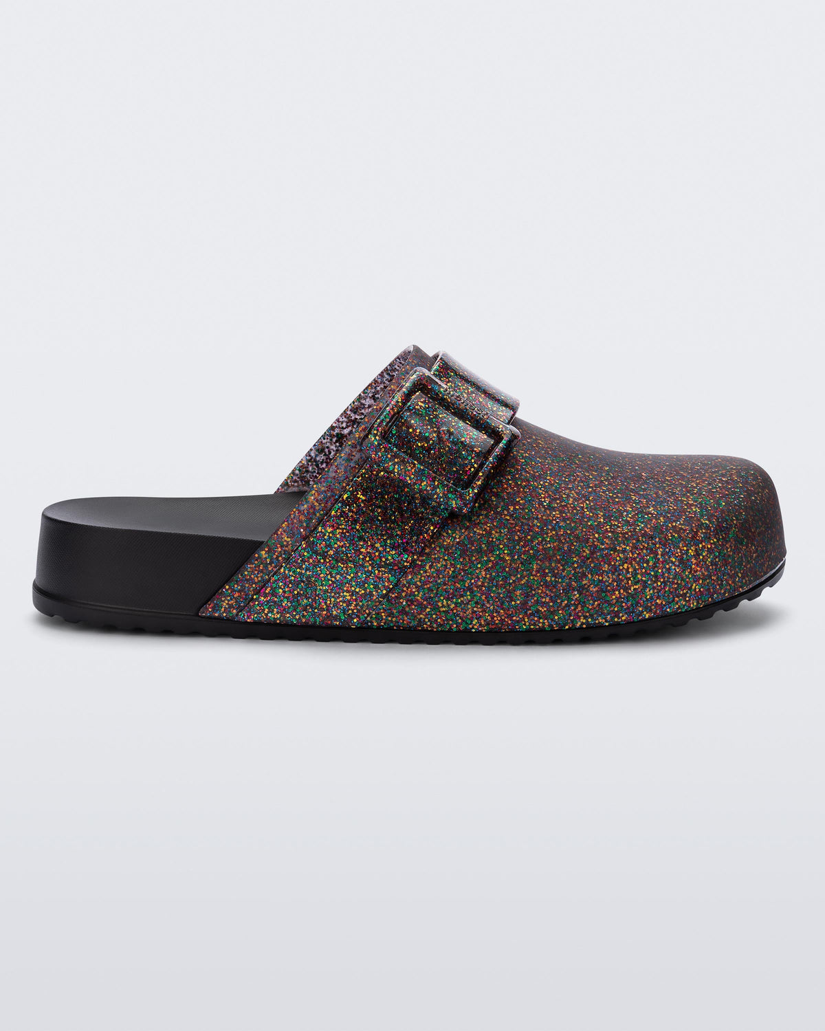 Side view of a mixed glitter/black Cozy Clog