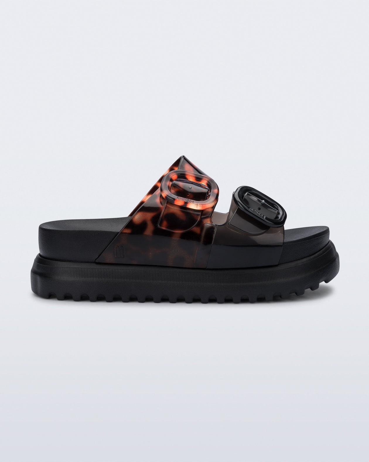 Side view of a black Cozy Platform with Tortoise straps