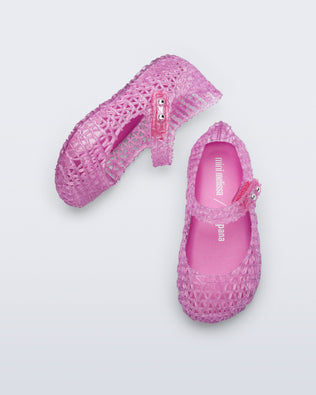 Top and side view of a pair of pearly lilac Campana baby ballerinas