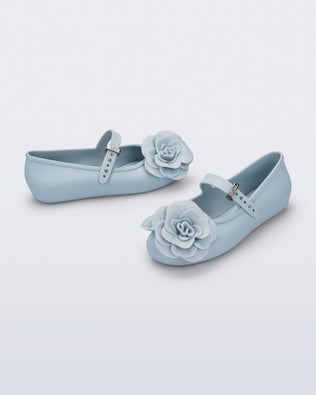 Side and angled view of a pair of blue Soft Ballerina Petals kids flats