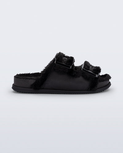 Side view of a black Cozy Warm Slide with black fuzzy insole