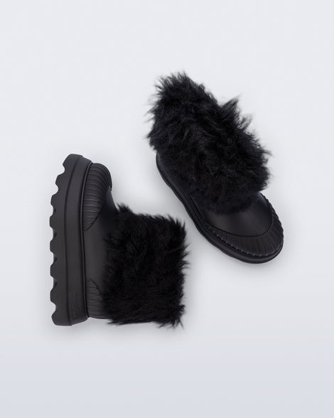 Top and side view of a pair of black Warm Boot with fuzzy cuff and insole