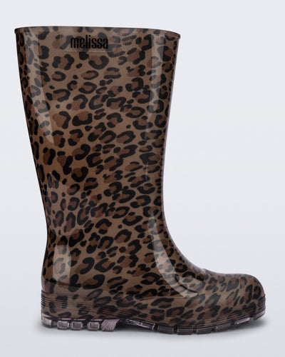 Side view of a brown/black leopard print Welly rainboot.