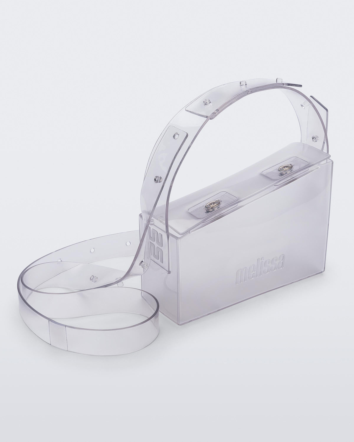 Angled view of a clear Clear Bag with strap