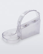 Angled view of a clear Clear Bag with strap