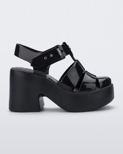Side view of a black Lulu platform heel fisherman sandal