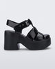 Side view of a black Lulu platform heel fisherman sandal