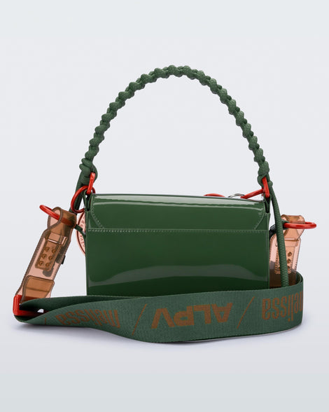 Back view of an dark green Olga Bag + Alexandre Pavao with short strap fabric long  strap