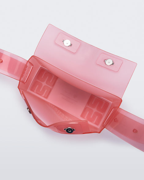 Top view of a clear pink Clear Bag with strap