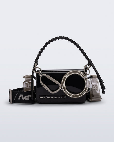 Front view of an black Olga Bag + Alexandre Pavao with short strap fabric long  strap