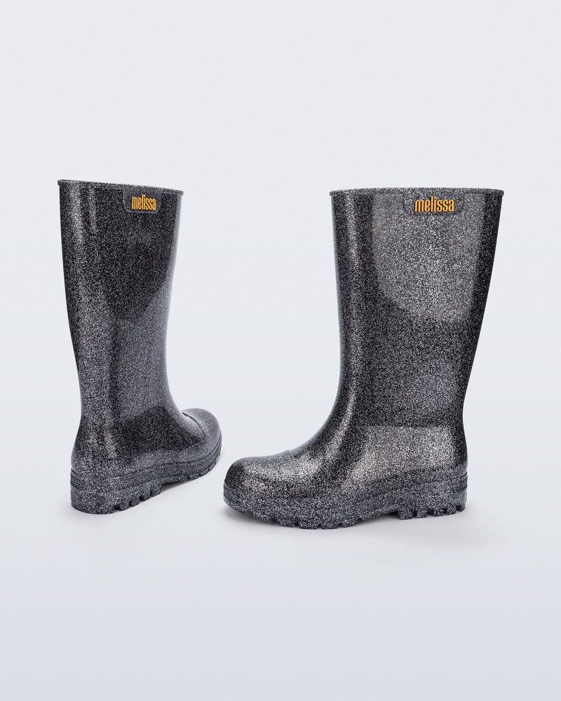 Back and side view of a black glitter Welly rainboot