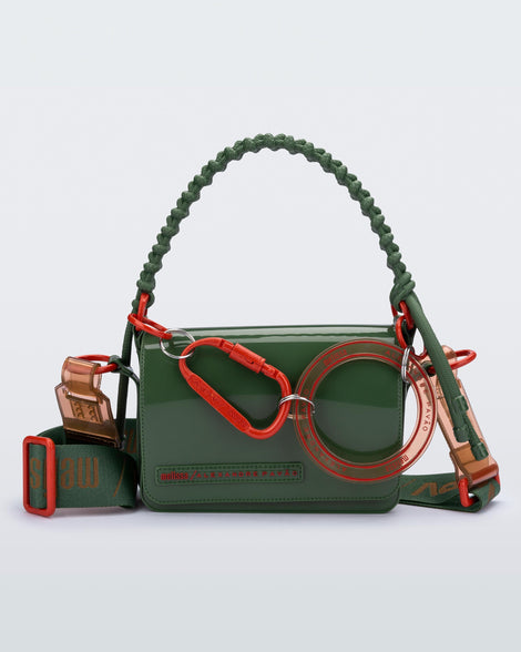 Front view of an dark green Olga Bag + Alexandre Pavao with short strap fabric long  strap