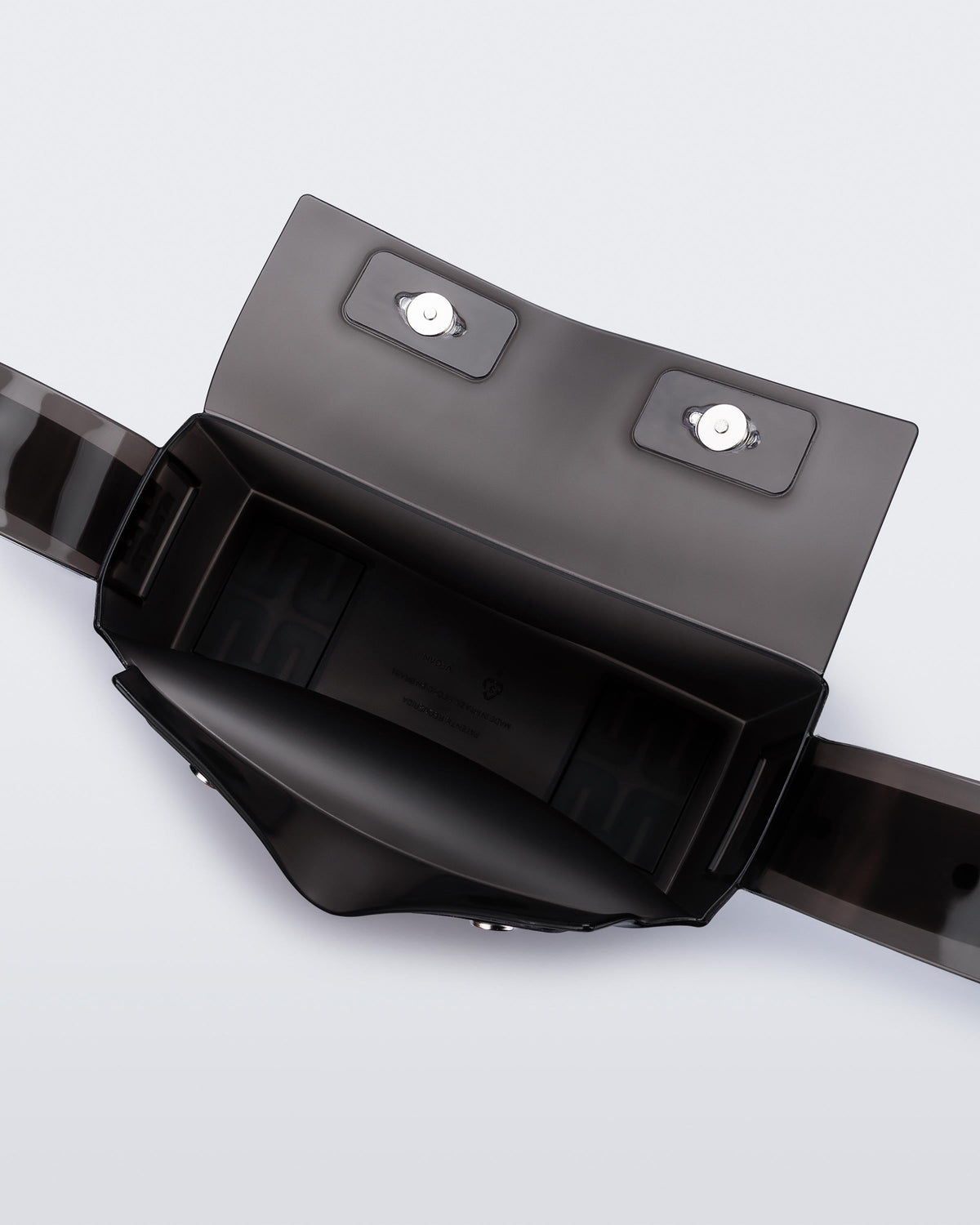 Top view of a black Clear Bag with strap