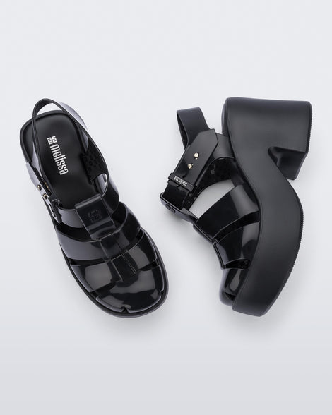 Top and side view of a pair of black Lulu platform heel fisherman sandals