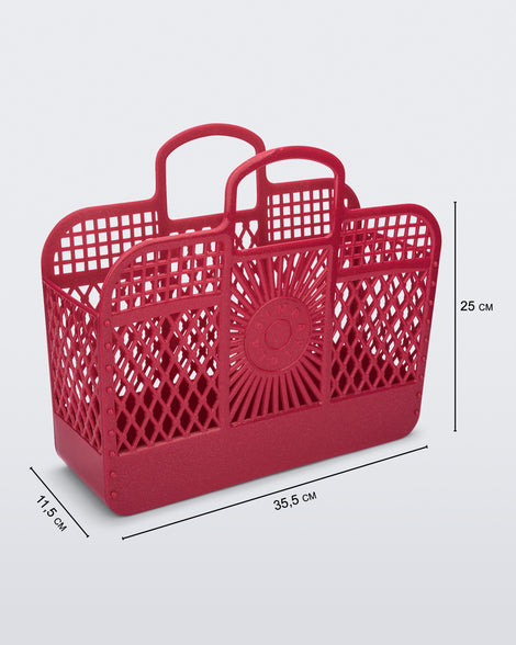 Angled view of the glitter pink Bag + Bimba y Lola with dimensions: 35.5 cm x 11.5 cm x 25 cm