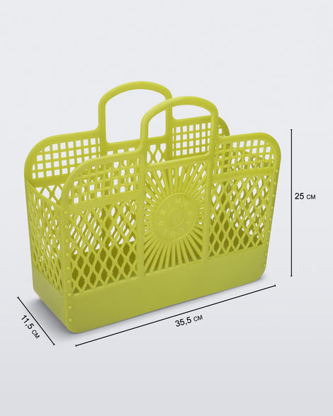 Angled view of the glitter green Bag + Bimba y Lola with dimensions: 35.5 cm x 11.5 cm x 25 cm