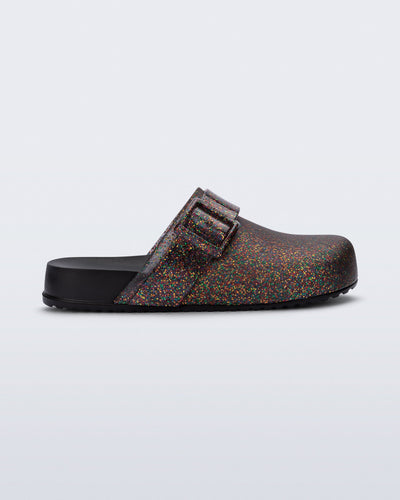 Side view of a mixed glitter/black Cozy Clog for kids