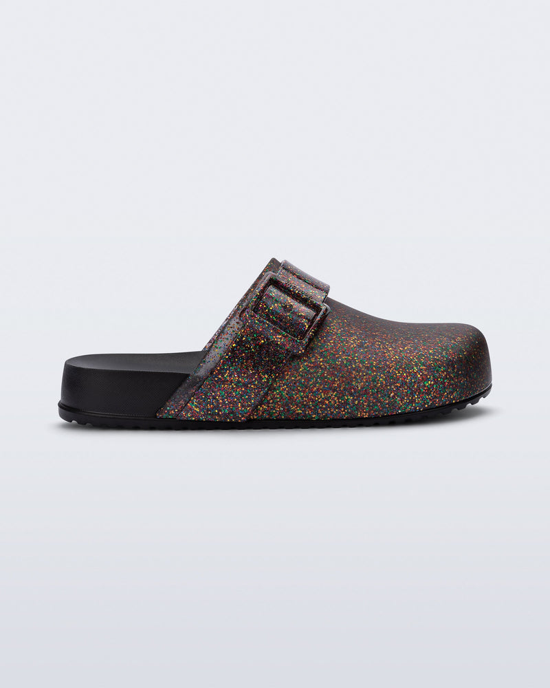 Side view of a mixed glitter/black Cozy Clog for kids