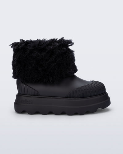 Side view of a black Warm Boot with fuzzy cuff and inside
