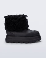 Side view of a black Warm Boot with fuzzy cuff and inside