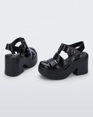 Back and side view of a pair of black Lulu platform heel fisherman sandals