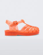 Side view of an orange Mini Melissa Possession sandal with several straps, a closed toe front and a back ankle strap.
