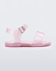 Side view of a pink glitter Mini Melissa Mar Sandal with two straps.